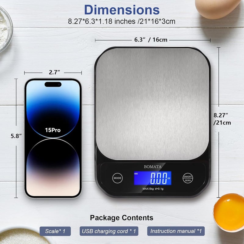 BOMATA Waterproof Kitchen Scale, 0.1g/0.01oz High Precision, 5kg/11lb, Washable, USB Rechargeable, Digital Scale for Food,Cooking, Baking, Weight Loss, Black&Grey - Image 5